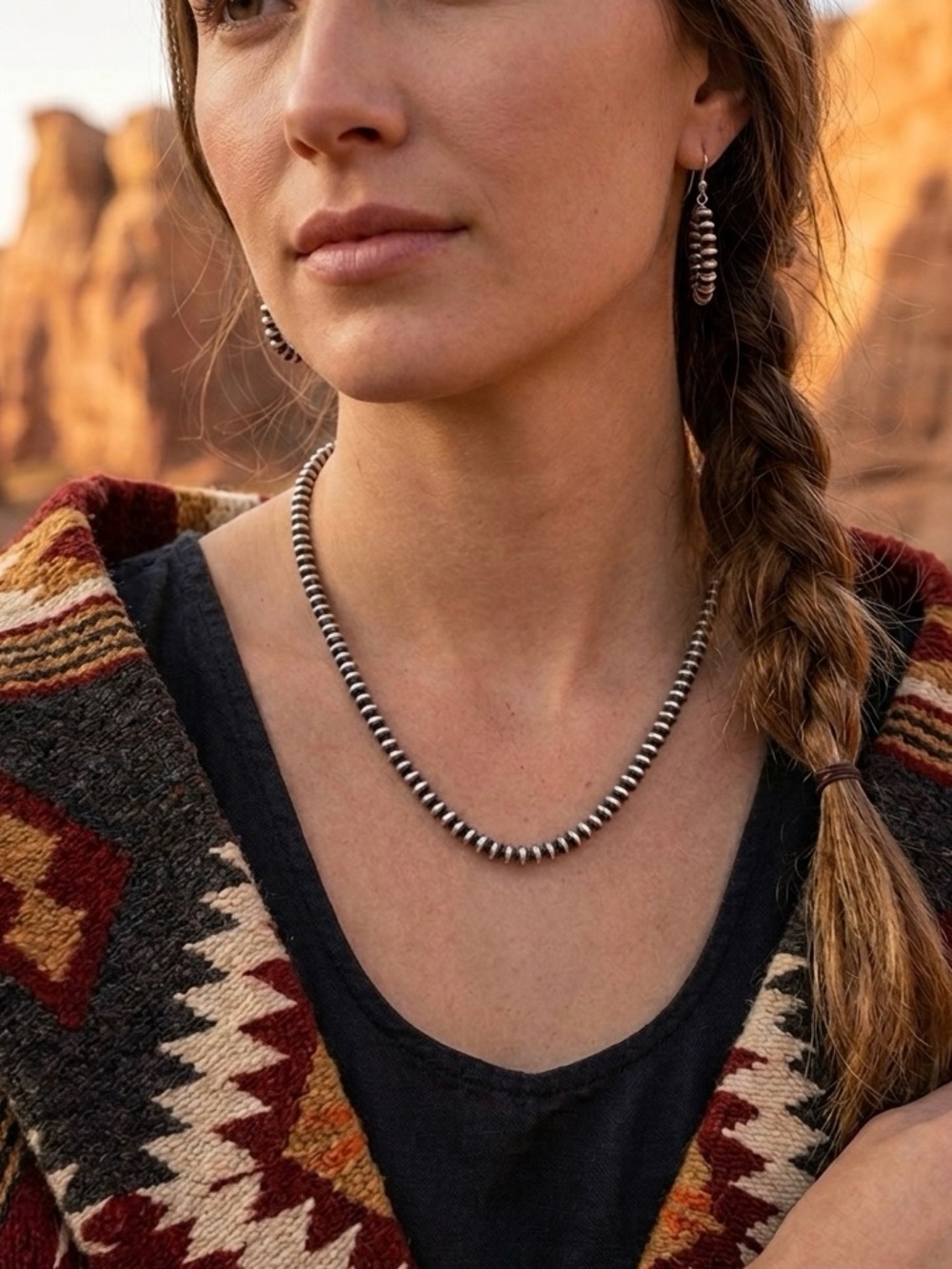 Native Style Southwest Saucer Bead Navajo Pearl Inspired Silver Beaded Necklace
